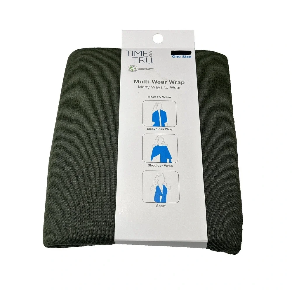 time & tru womens multi wear wrap shawl ONE SIZE osfm new with tags dark green‎